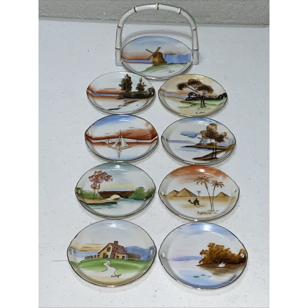 Vtg Lenwile Ardalt Hand Painted 3.5” Coasters With Caddy Occupied Japan Set Of 8